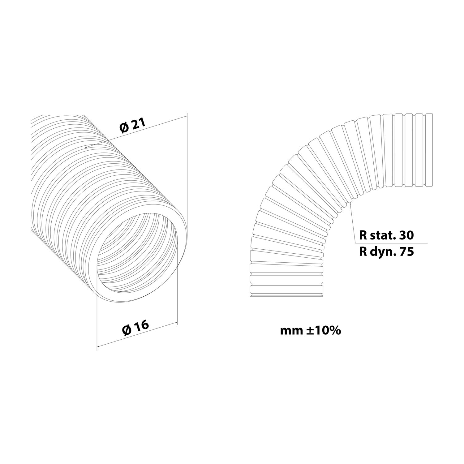 10200101016 Flexa AIRflex-K Gaine de protection spiralée en PVC intérieur lisse - FSK 21, Diam. ext. 21,0 mm, ID 16,0 mm intérieur lisse, Rayon de courbure minimal en mouvement 75,0 mm