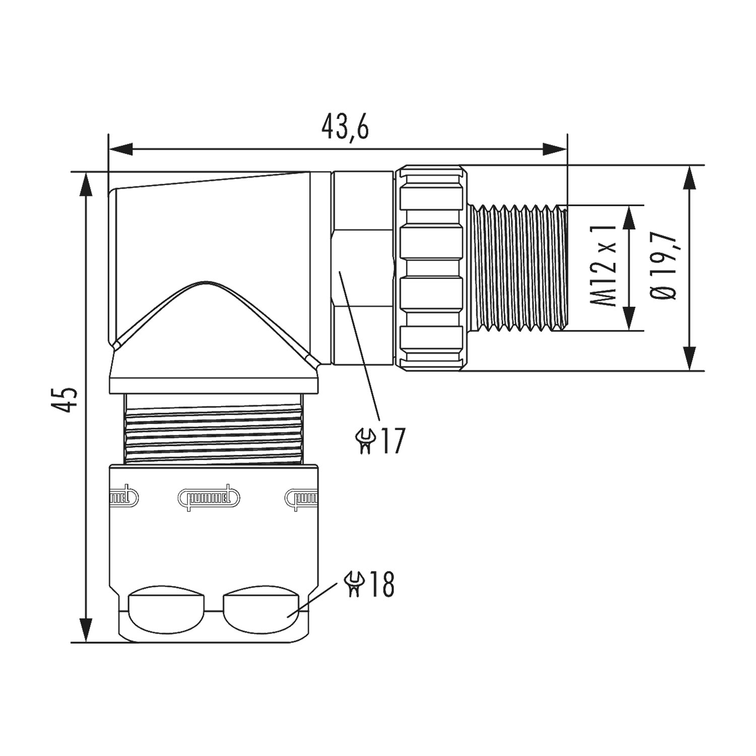 A712-7K31400000 Hummel M12 Power Coupling connector for pin insert angled Cable outlet sideways, Clamping range 5.0 mm - 9.0 mm Colour silver
