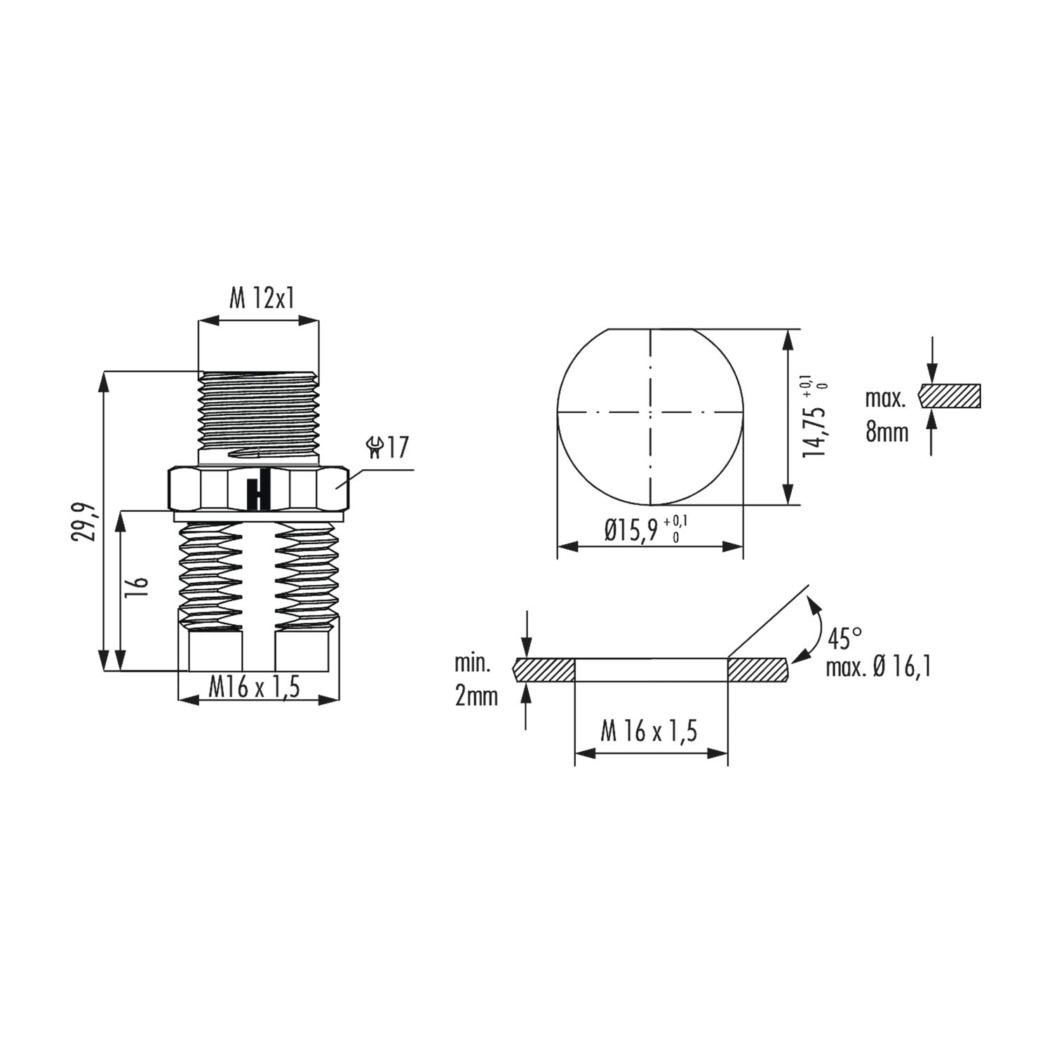 A712-7K42100000 Hummel M12 Power Device plug for pin straight Front wall Colour silver